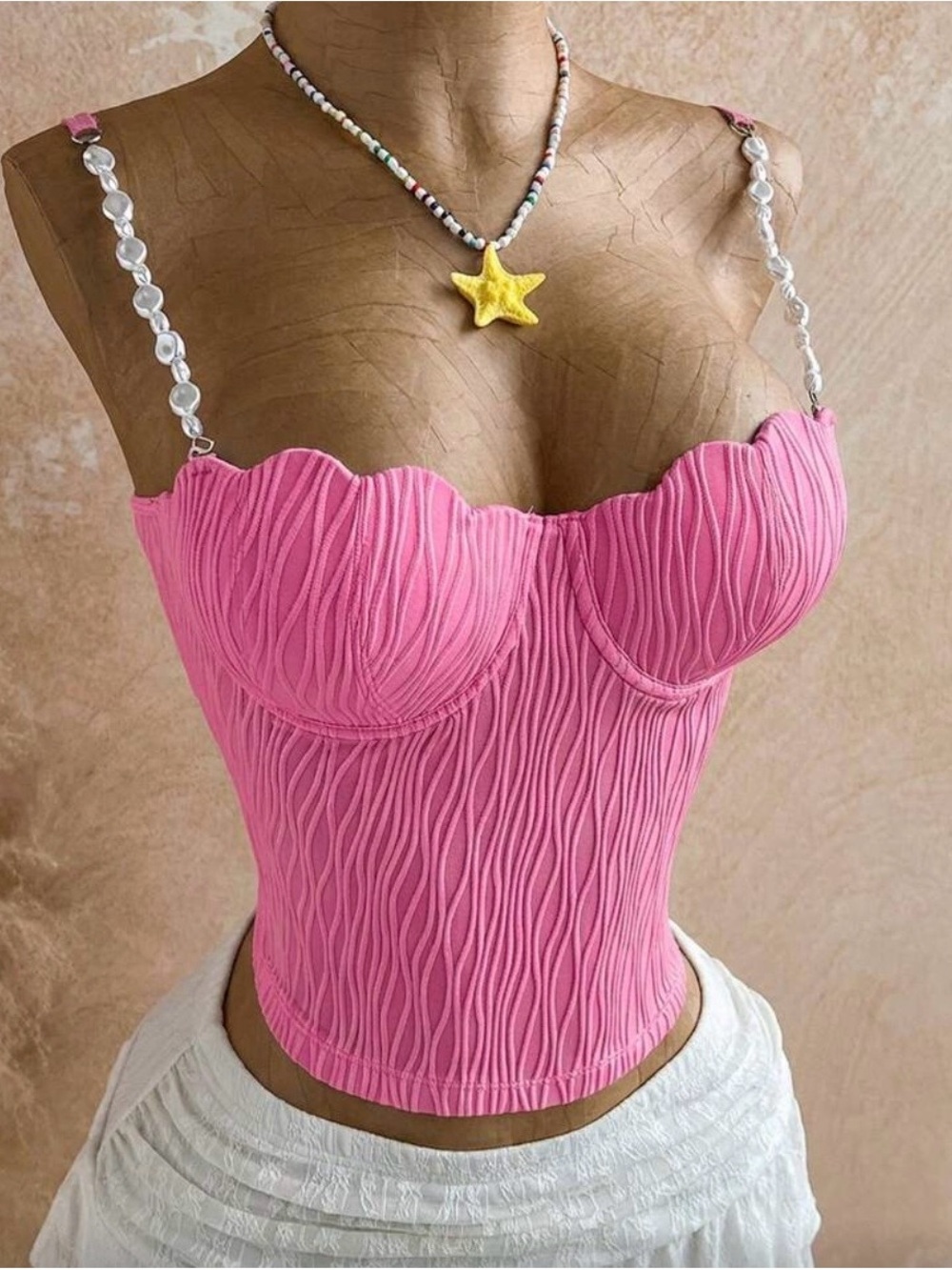 Pink Scalloped Bust Tank Top with Pearl Straps